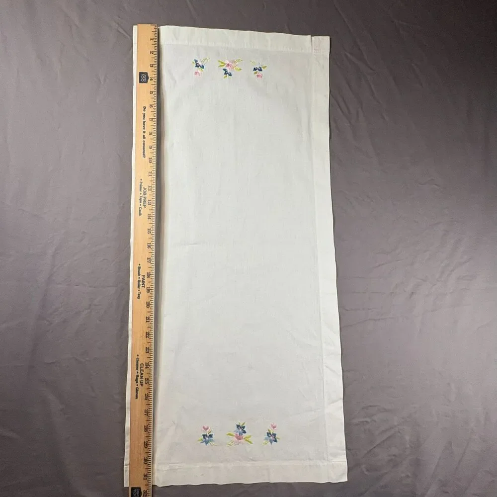 Vintage Hand Embroidered White Linen Table Runner Scarf